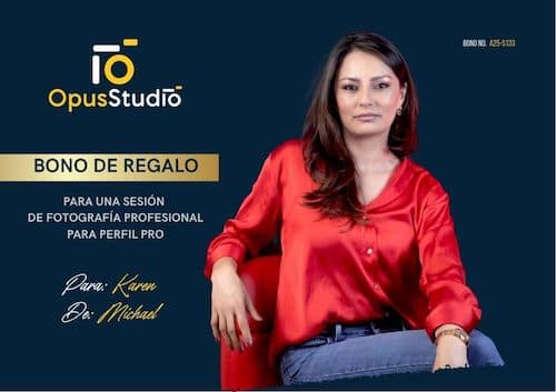 Bono de regalo para sesión de fotografía de perfil profesional y marca personal LinkedIn en OpusStudio, Bogotá.