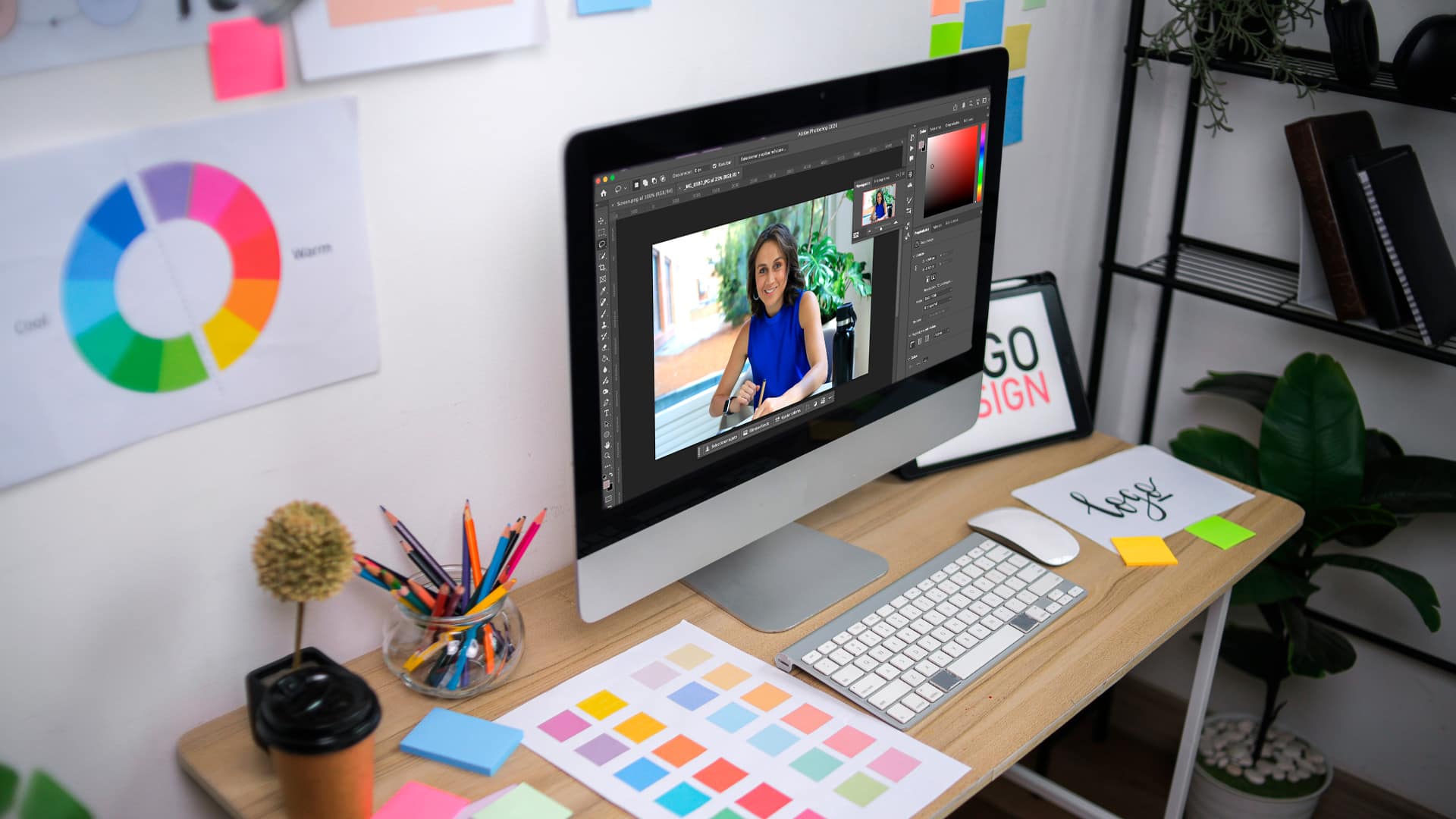 Dirección visual y edición del retrato de marca personal de Cata Soler en el monitor de OpusStudio Bogotá.